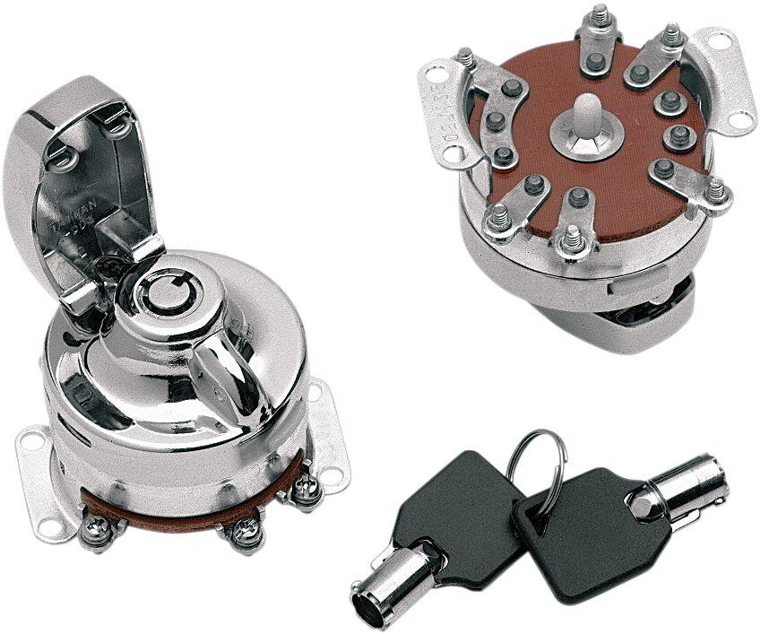 21-0202PAE-BC1 - Drag Specialties Round Key Internal Contact Switch For Harley Davidson FL 1200 1973-1977 - Chrome