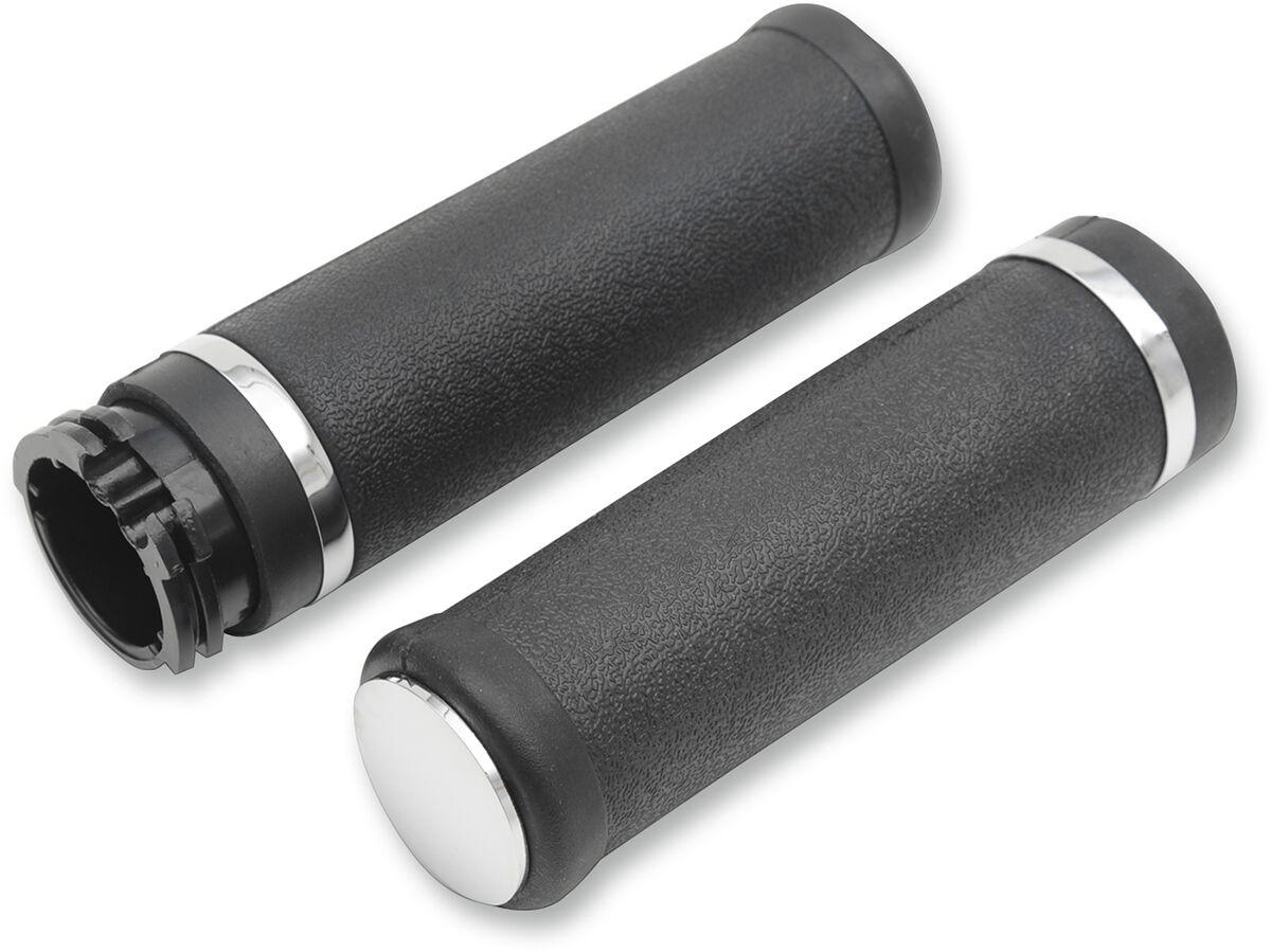 17-0556-BC324 - Drag Specialties Rubber Grips with Accent Rings & End Caps For Harley Davidson FL 1200 1973-1977 - Black/Chrome