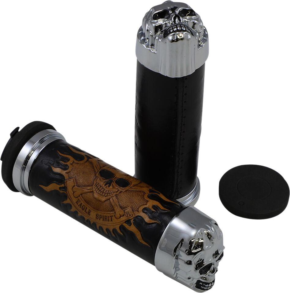 74693B - Drag Specialties Twist Throttle Skull Grips - Black/Brown/Chrome