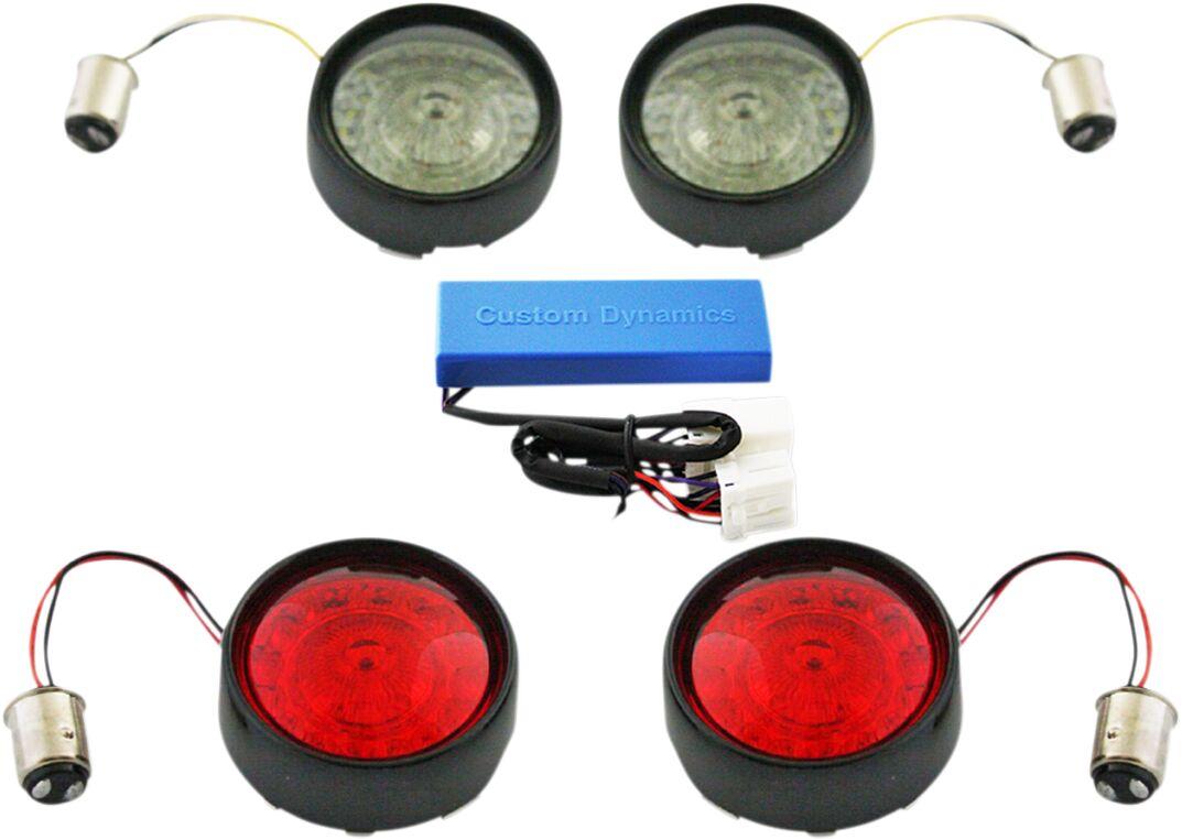 PB-HD-BB-B - Custom Dynamics Complete Front & Rear Turn Signal Conversion Kit with Bullet Bezel Lenses For Harley Davidson FLHR 1450 2002-2003 Black Red/Smoke