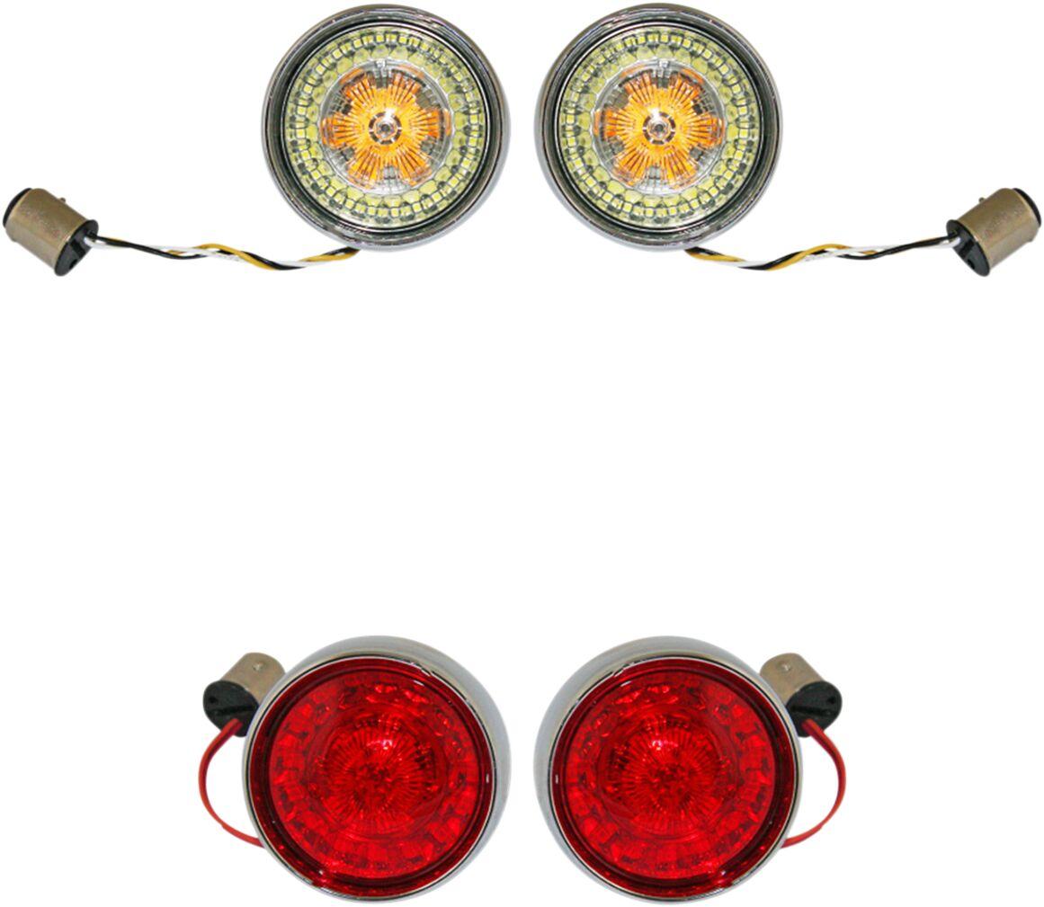 PB-BCM2-BB-C - Custom Dynamics Complete Front & Rear Turn Signal Conversion Kit with Bullet Bezel Lenses For Harley Davidson FLD 1690 2012-2013 Chrome Clear/Red