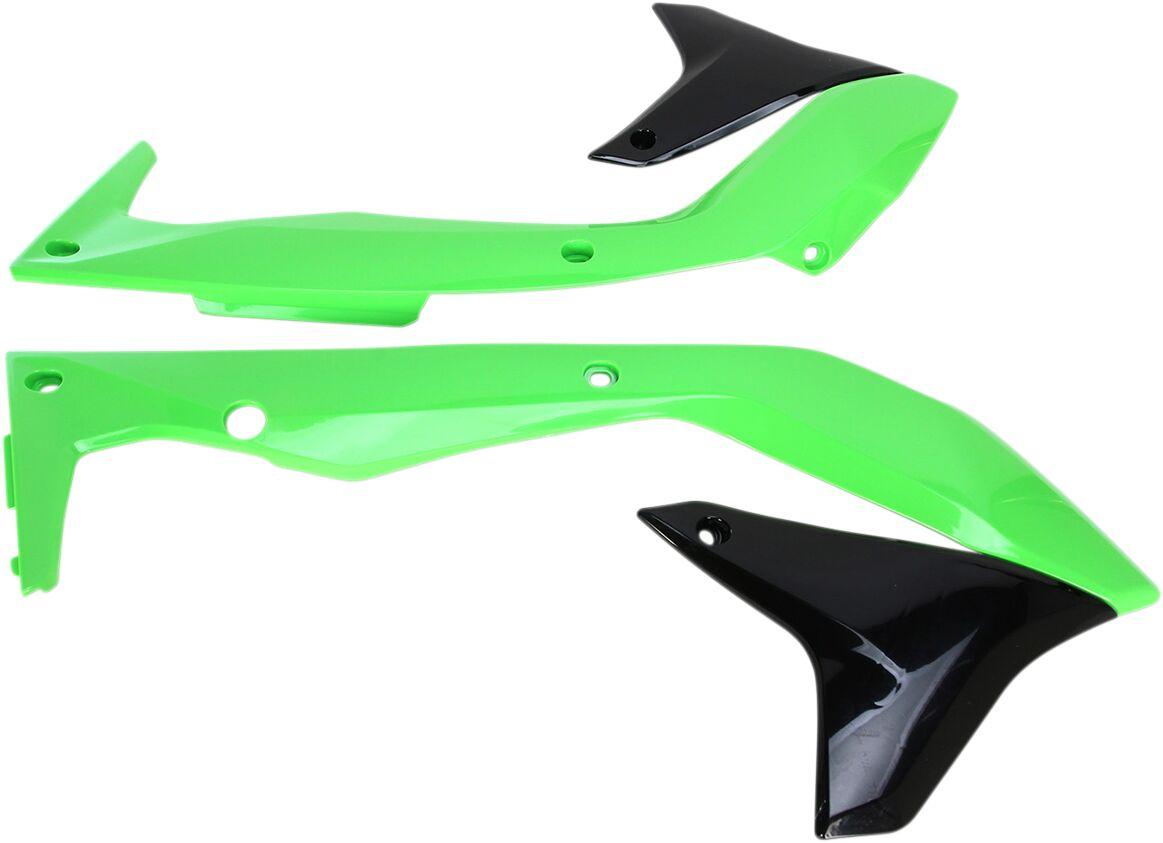KA04736#999 - UFO Radiator Scoops - Kawasaki KXF450 2016-18 - Black/ Green