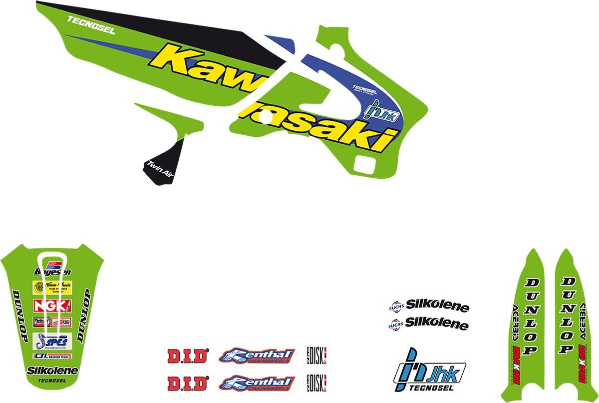 24V02 - Tecnosel Graphics Kit For Kawasaki KX125 1994-1998 - Black/Green/Multi/White