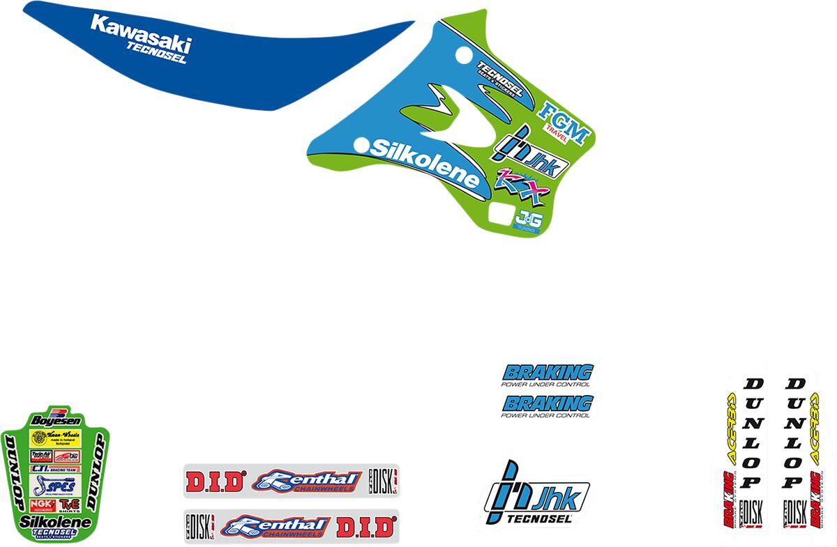 24V01 - Tecnosel Graphics Kit For Kawasaki KX125 1994-1998 - Blue/Green/Multi/White