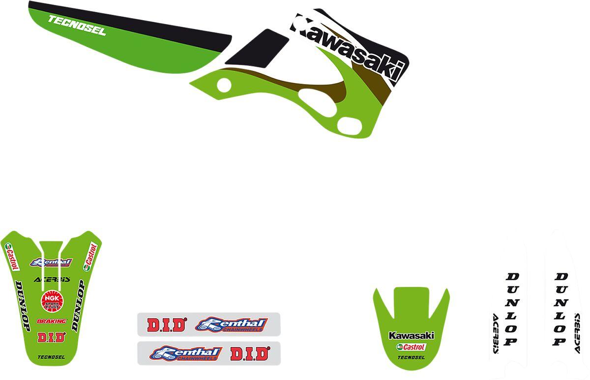 24V03 - Tecnosel Graphics Kit For Kawasaki KX125 1999-2002 - Black/Green/Multi/White