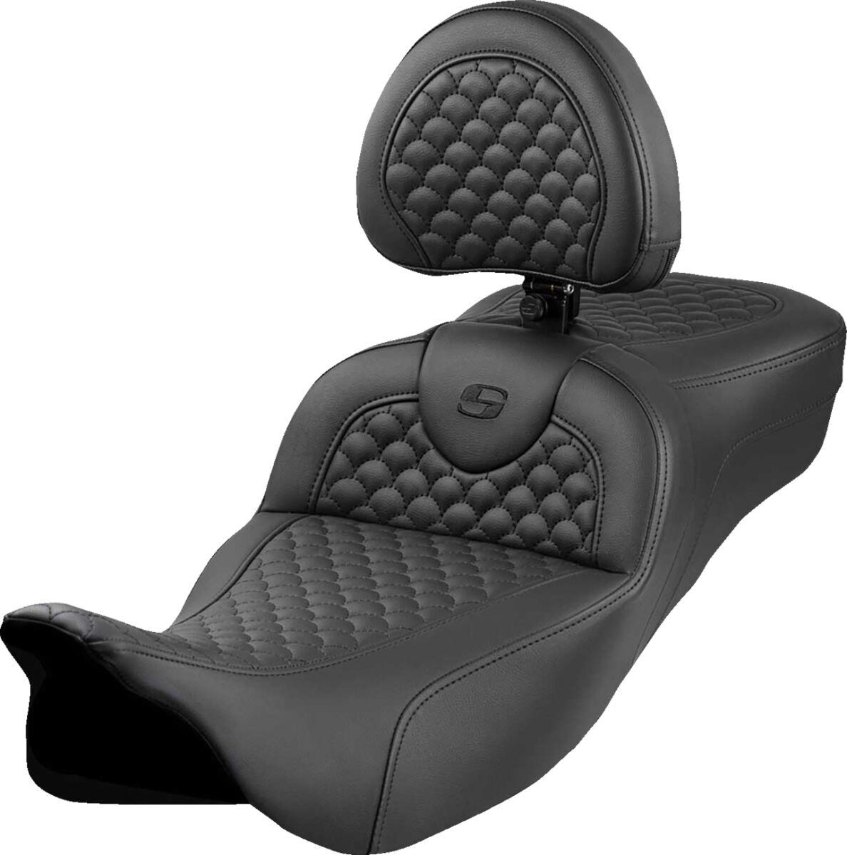 808-07B-209B0 - Saddlemen Roadsofa Dragon Scale Stitch Seat With Backrest For Harley Davidson FLH 1868 2021 - Black (Driver Seat Length: 39.5 cm)
