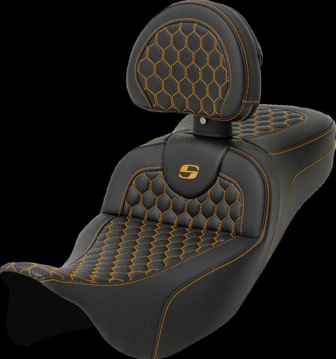 808-07B-190B7 - Saddlemen Honeycomb Roadsofa Seat With Backrest For Harley Davidson FLH 1868 2021 - Black/Gold (Driver Seat Length: 44.5 cm)