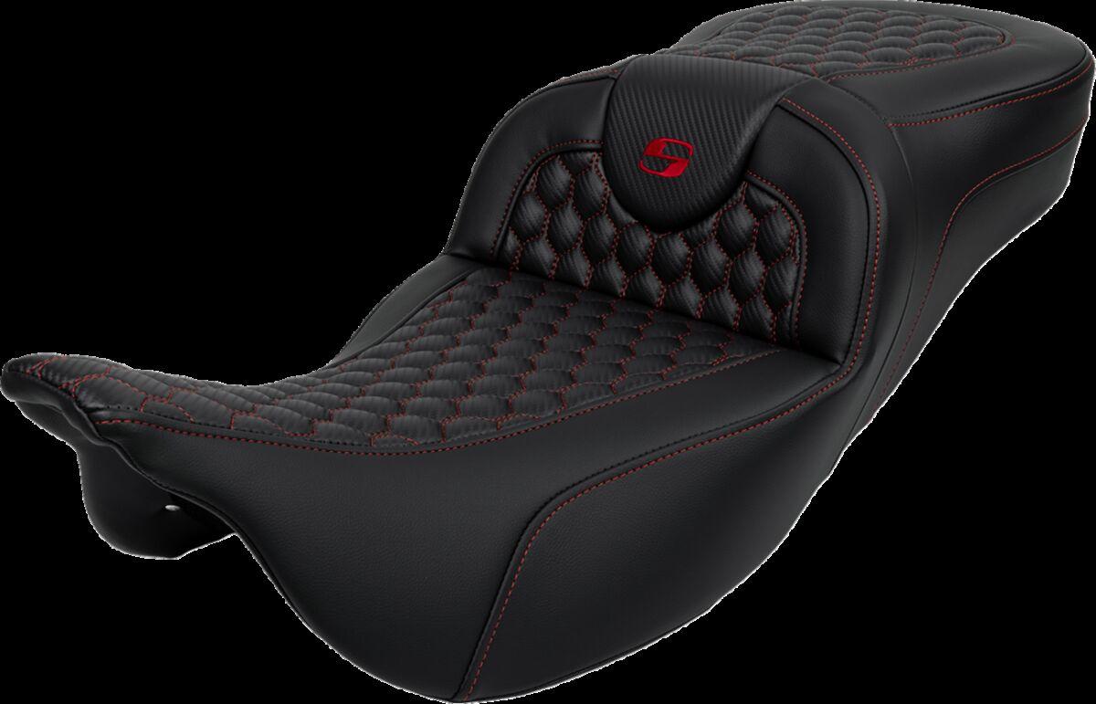 808-07B-19004 - Saddlemen Honeycomb Roadsofa Seat For Harley Davidson FLH 1868 2021 - Black/Red (Driver Seat Length:44.5 cm)