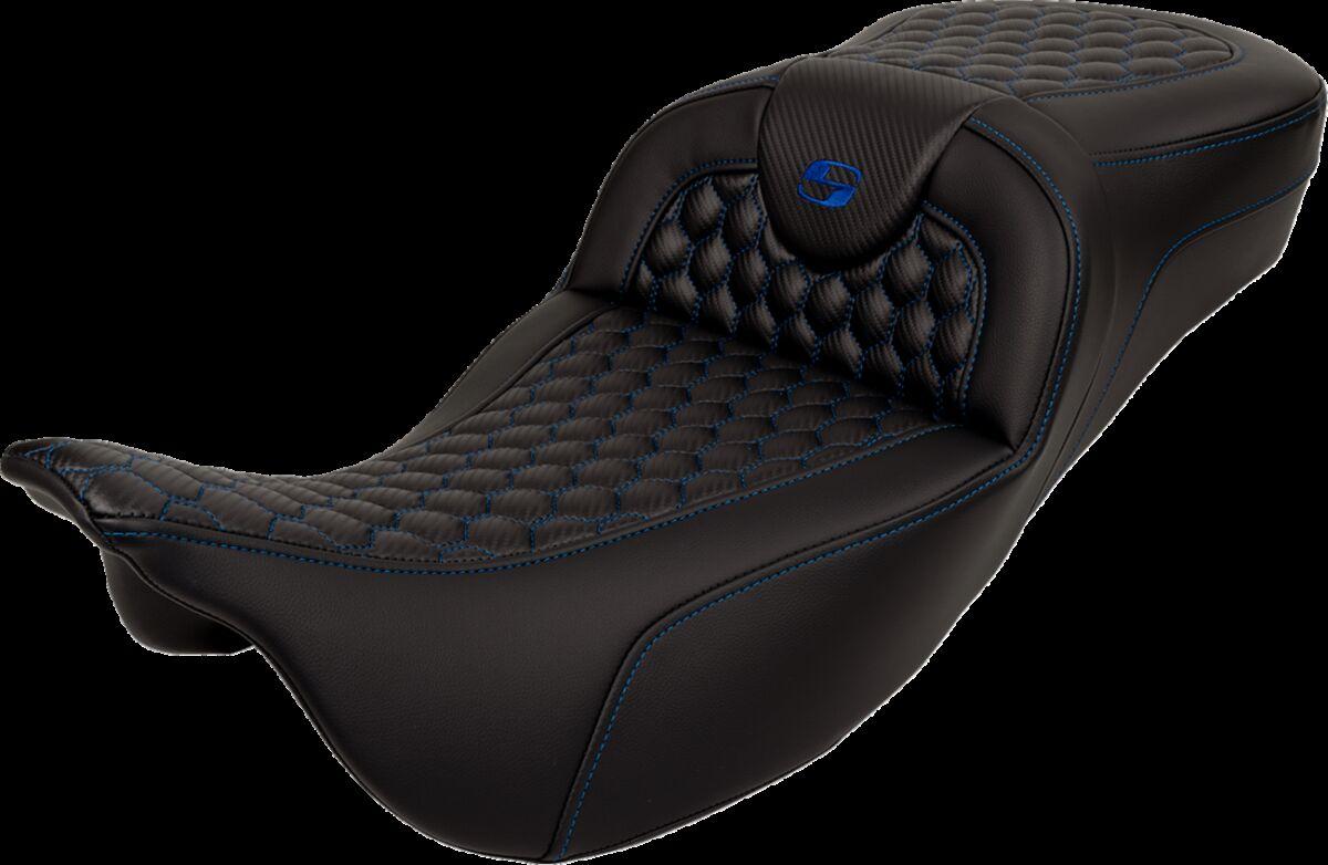 808-07B-19001 - Saddlemen Honeycomb Roadsofa Seat For Harley Davidson FLH 1868 2021 - Black/Blue (Driver Seat Length: 44.5 cm)