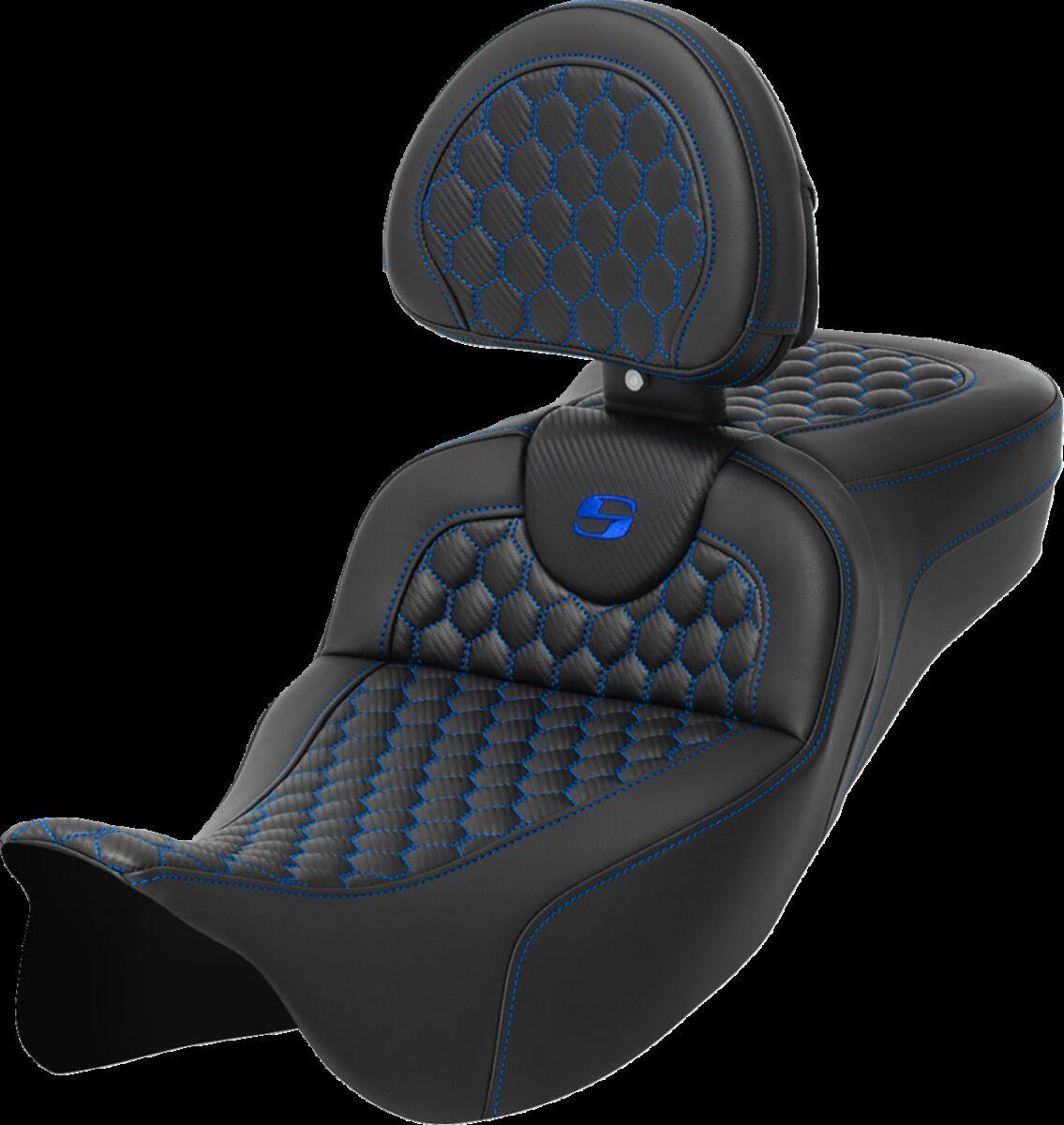 808-07B-190B1 - Saddlemen Honeycomb Roadsofa Seat With Backrest For Harley Davidson FLH 1868 2021 - Black/Blue (Driver Seat Length: 44.5 cm)