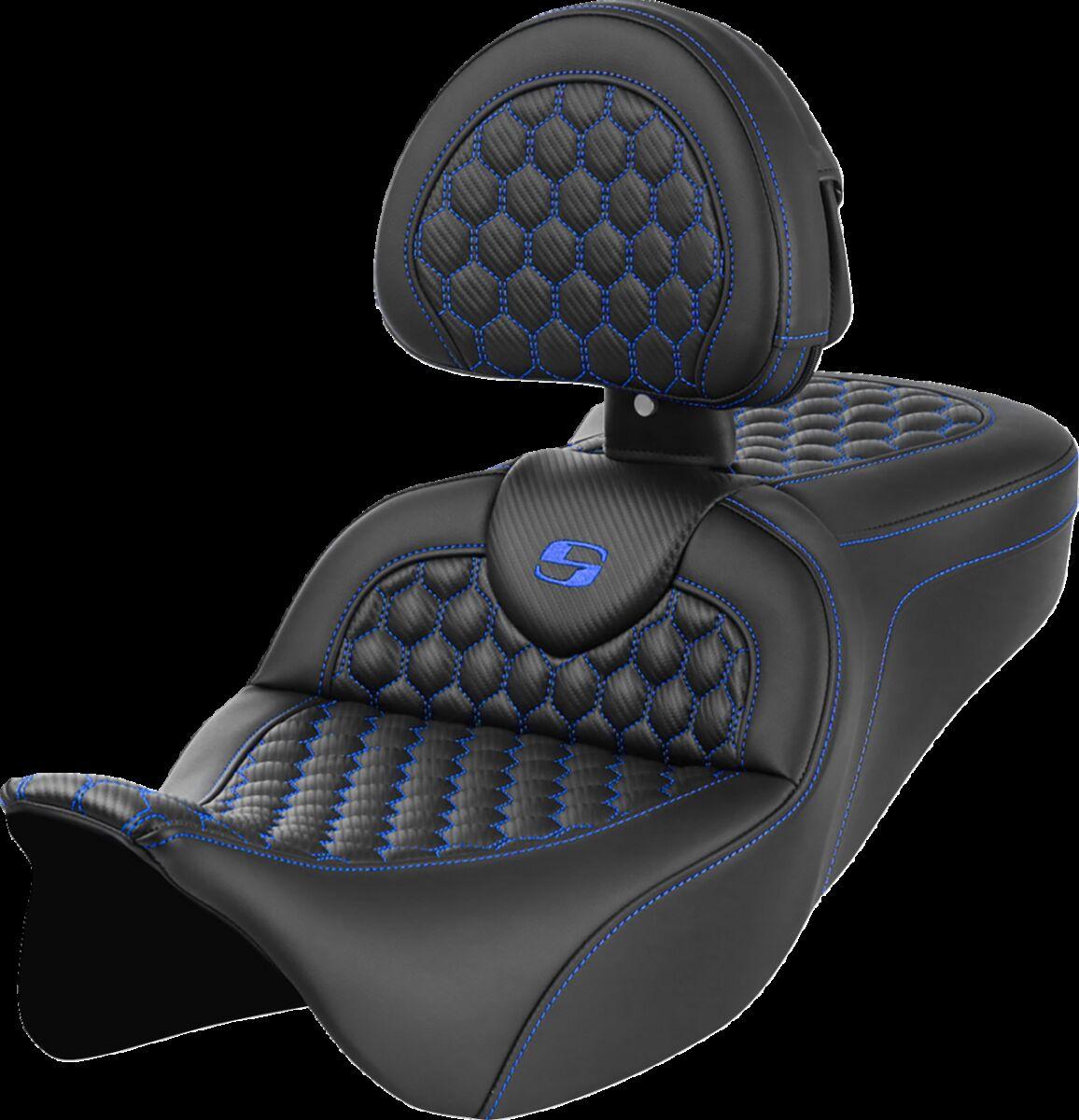 808-07B-189B1 - Saddlemen Honeycomb Roadsofa Seat With Backrest For Harley Davidson FLH 1868 2021 - Black/Blue (Driver Seat Length: 39.5 cm)