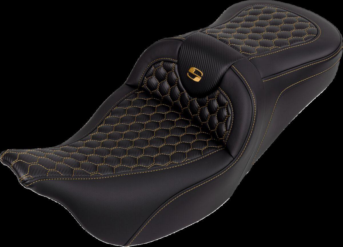 808-07B-18907 - Saddlemen Honeycomb Roadsofa Seat For Harley Davidson FLH 1868 2021 - Black/Gold (Driver Seat Length: 39.5 cm)