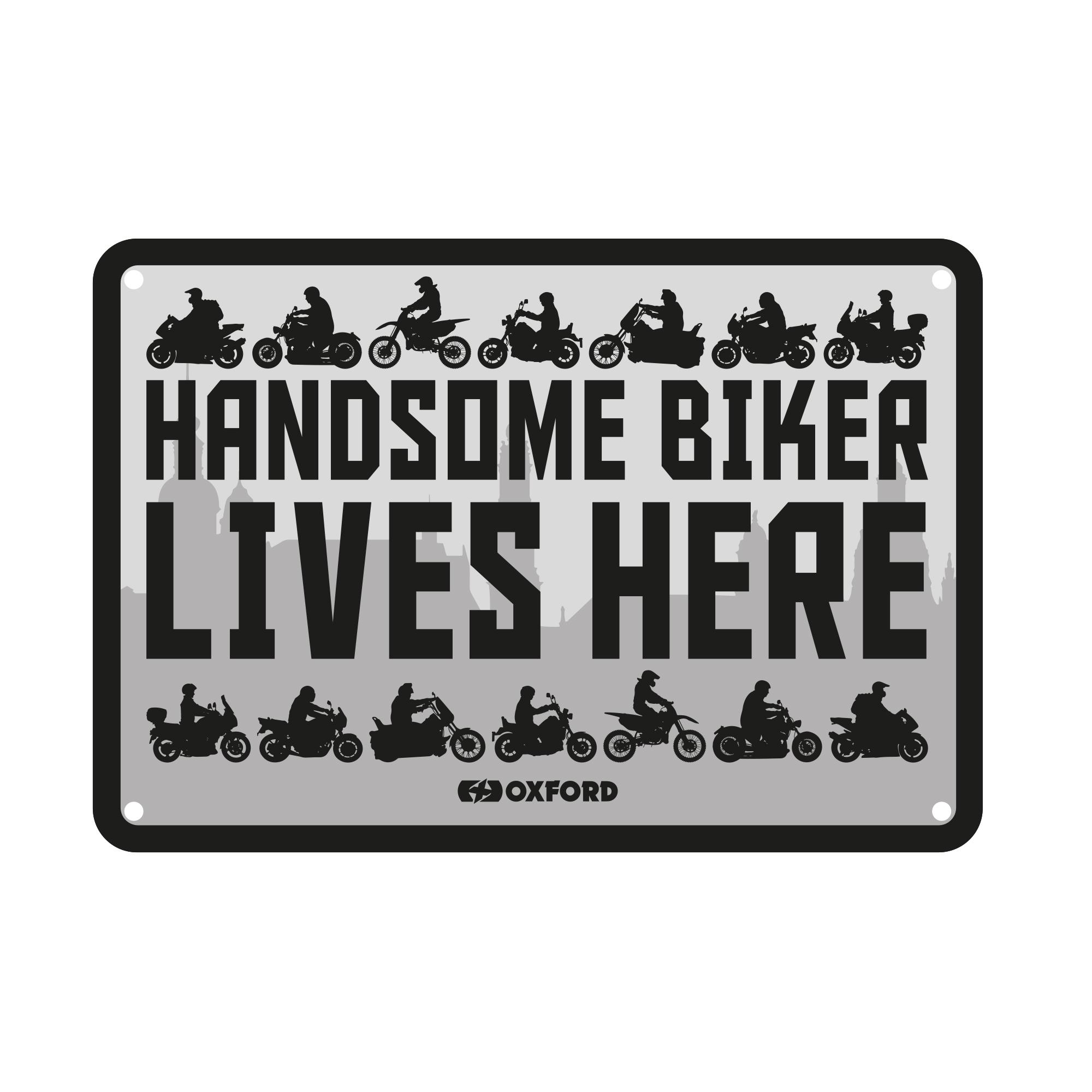 56701 - Oxford Garage Metal Sign: Handsome Biker Lives Here